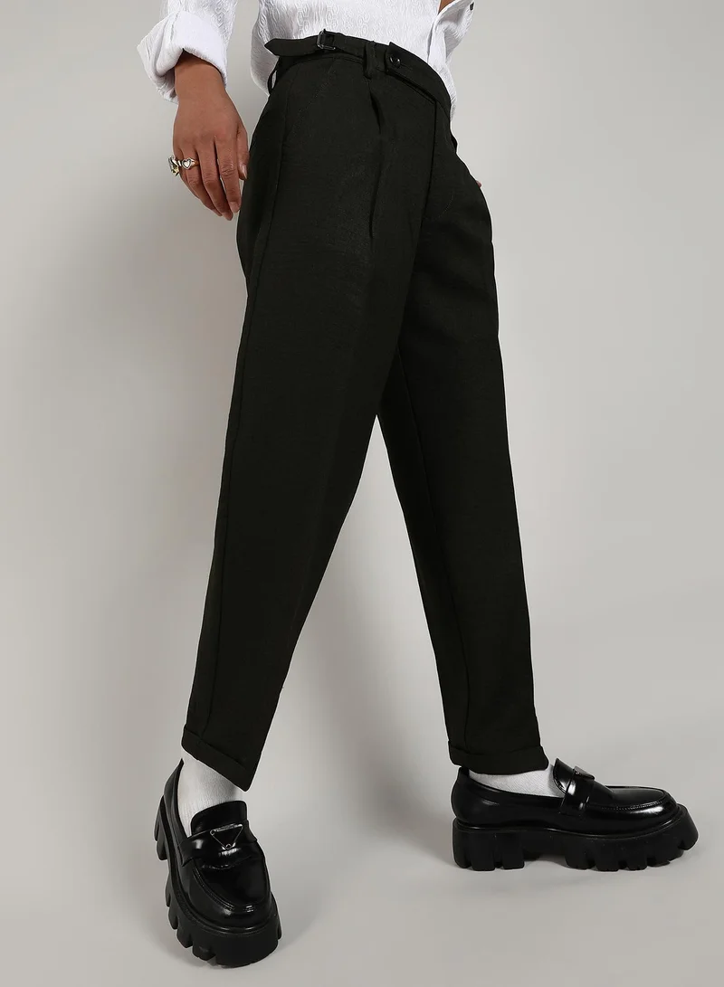 Men's Juniper Green Tailored Linen-Blend Trousers For Casual Wear | Tailored-Fit | Mid-Rise | Button Closure | Trousers Crafted With Comfort Fit For Everyday Wear