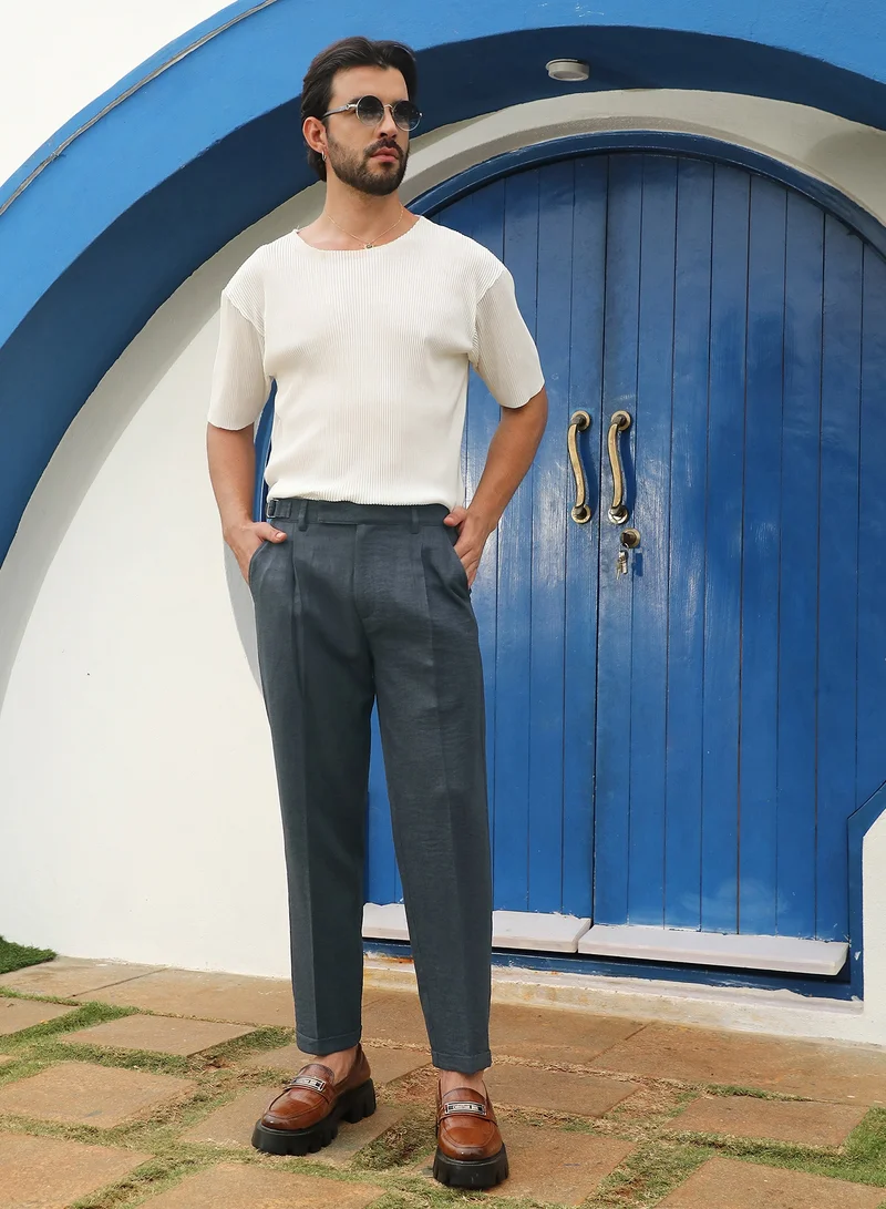 Campus Sutra Dark Blue Men's Juniper Green Tailored Linen-Blend Trousers For Casual Wear | Tailored-Fit | Mid-Rise | Button Closure | Trousers Crafted With Comfort Fit For Everyday Wear for Men | Best Price UAE