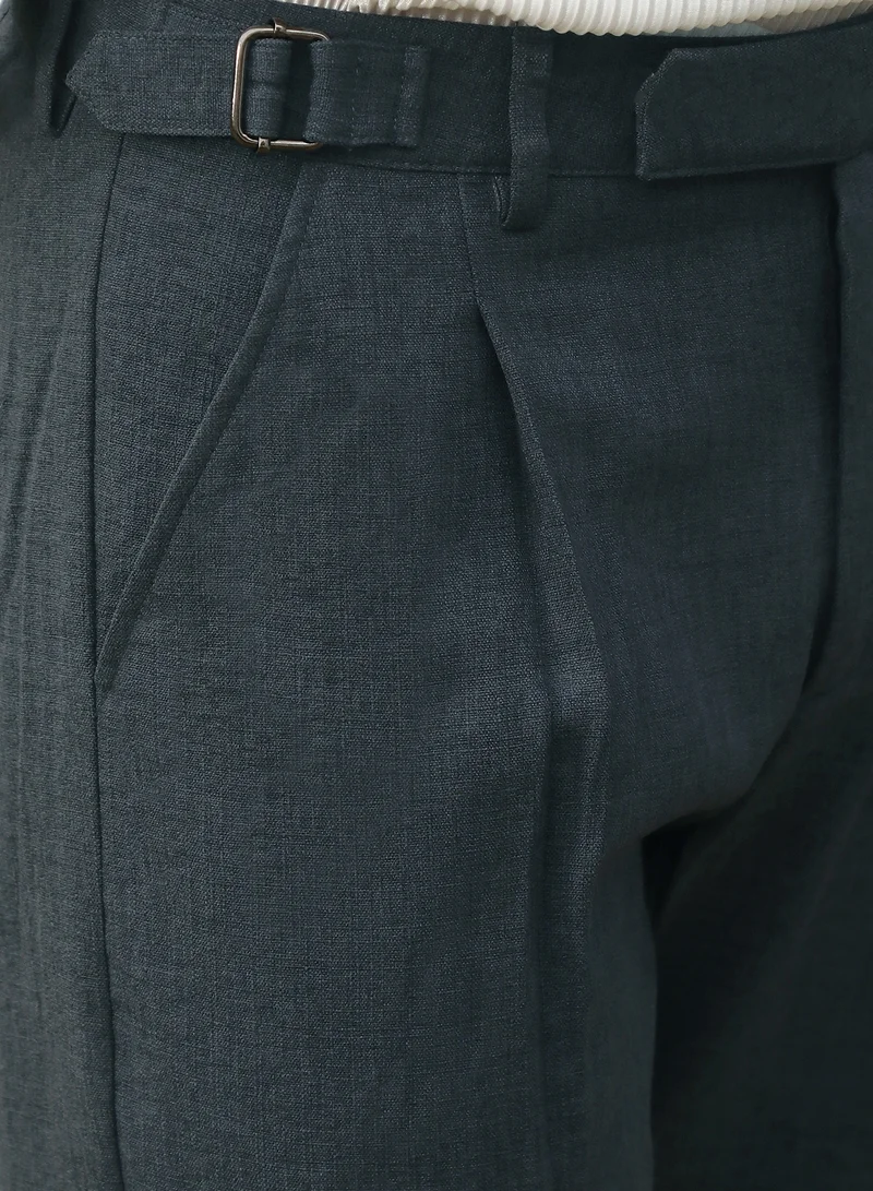 Campus Sutra Dark Blue Men's Juniper Green Tailored Linen-Blend Trousers For Casual Wear | Tailored-Fit | Mid-Rise | Button Closure | Trousers Crafted With Comfort Fit For Everyday Wear for Men | Best Price UAE
