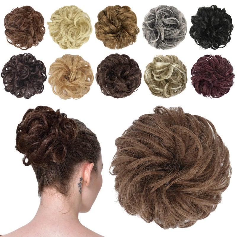 FESHFEN Messy Bun Hair Piece - Elastic Wavy Curly Hair Bun Scrunchies Extensions Synthetic Chignon Hairpieces for Women Girls, Light Golden Brown 1 PCS
