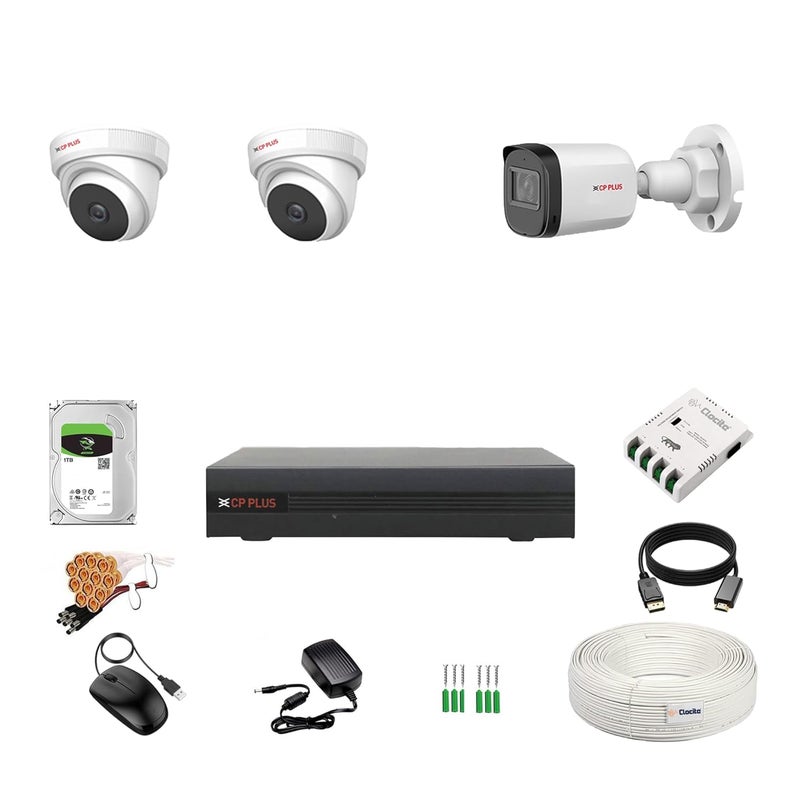 Clocite CP Plus 2.4MP 4 Channel DVR, 2.4MP 2 Dome & 1 Bullet Cameras (Audio Recording) [Night Vision + Built-in MIC Audio + Crystal IR LEDs + Motion Detection] + 1 TB HDD + 4 CH SMPS + CCTV Cable + BNC/DC - Image 1