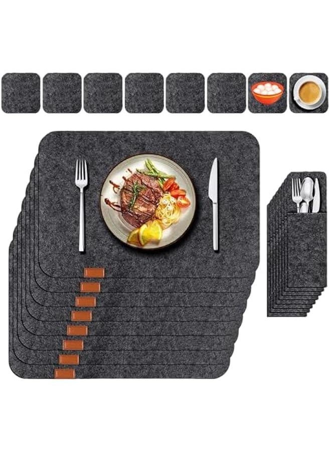 HOOKOR 24 Pcs Felt Placemats for Dining Table, Black Non-Slip and Heat-Resistant Placemats Set of 8, Contains 8 Placemats, 8 Coasters and 8 Cutlery Bags, Suitable for Gathering, Friends Party  - Image 1