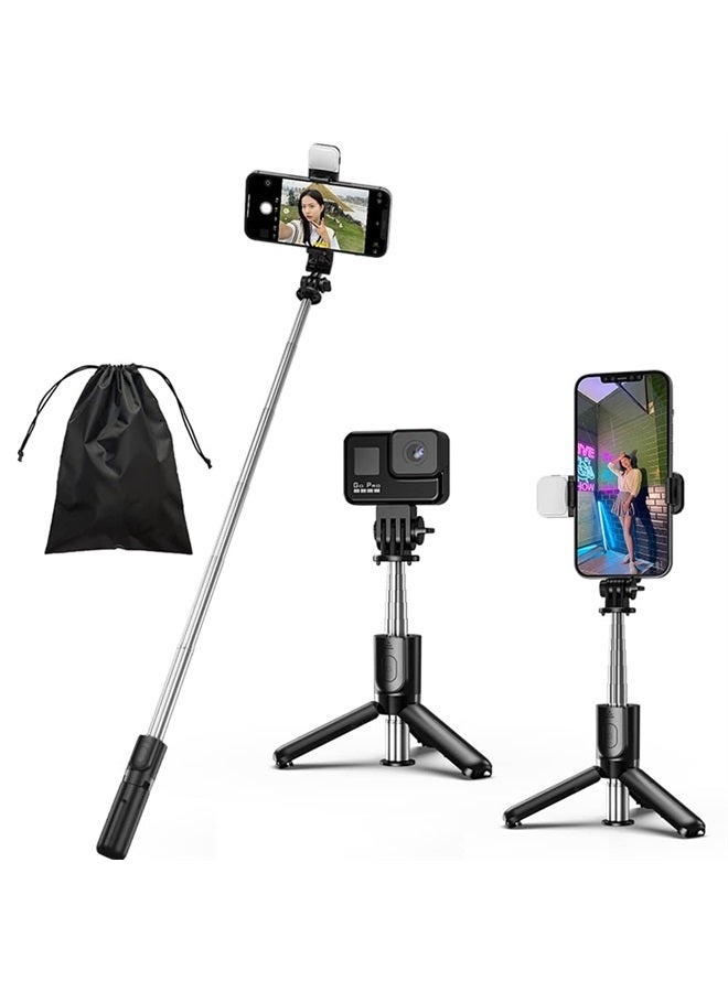 KOMI Selfie Stick Tripod with Fill Light - Extendable Tripod Stand Phone Tripod Portable with Detachable Wireless Remote Shutter Compatible with iPhone Samsung Android Cameras(Mini Black+Light) - Image 1