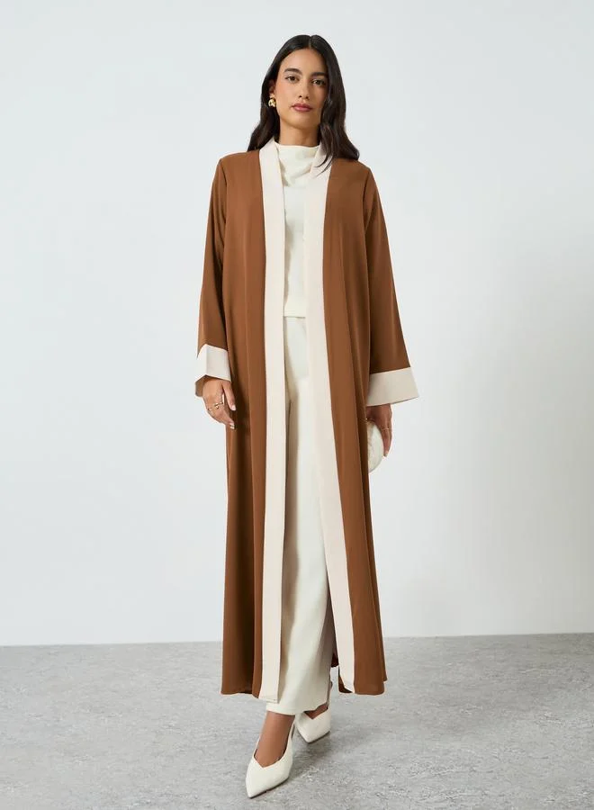 Amirah  Brown Contrast Panel Front Open Abaya for Women | Best Price UAE