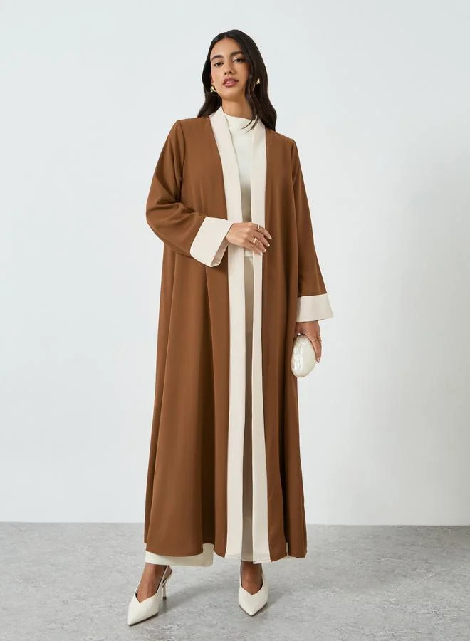 Brown Contrast Panel Front Open Abaya