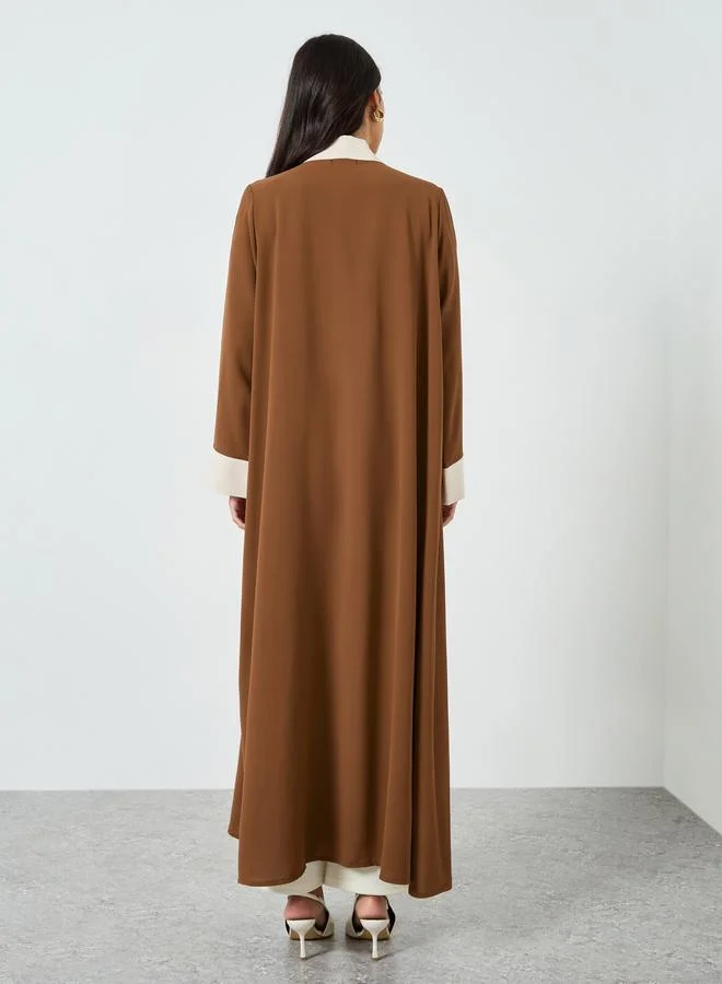 Amirah  Brown Contrast Panel Front Open Abaya for Women | Best Price UAE