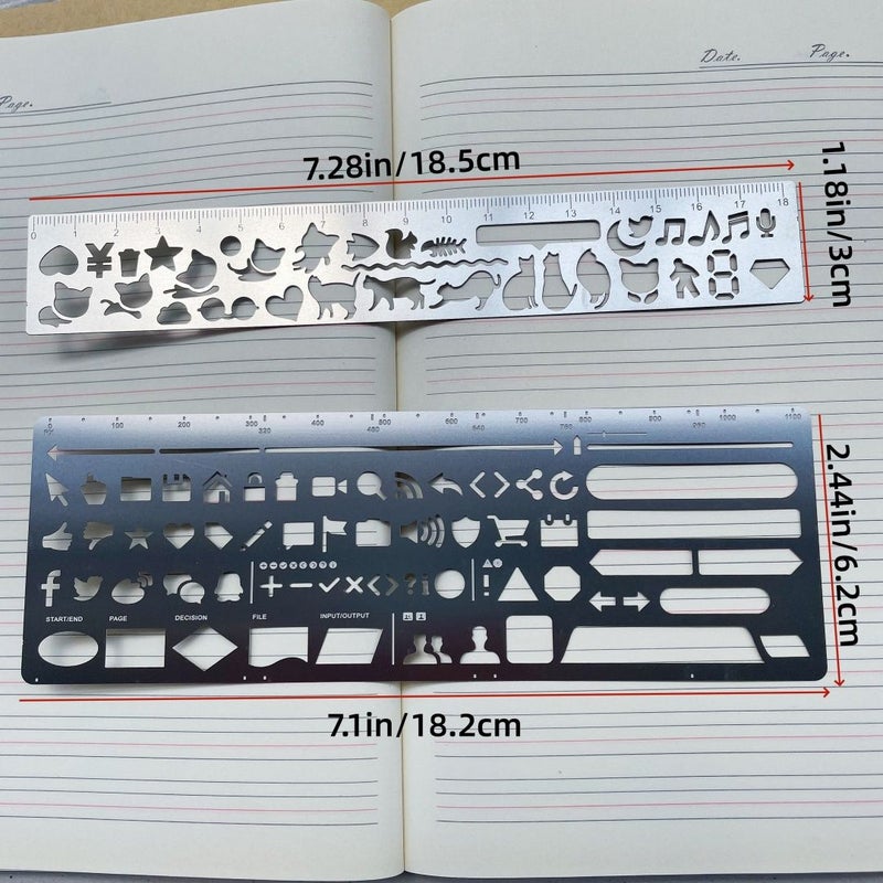 2pcs Cat Metal Journal Stencil Ruler with 20 Kitten Designs Double Sided Ruler Bookmark and DIY Planner Stamp - Image 2