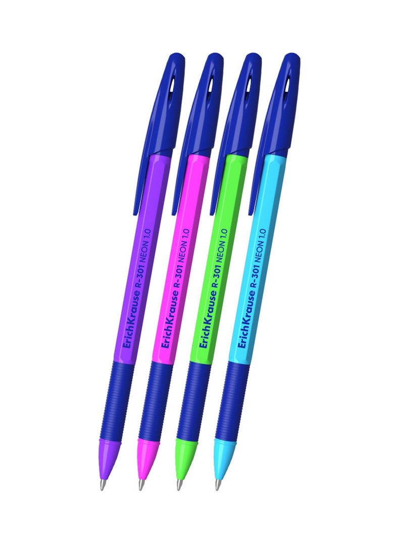 ErichKrause 4-Piece R-301 Neon Stick Ballpoint Pen 1.0mm Tip Blue Ink Neon Barrel Colours - Image 2