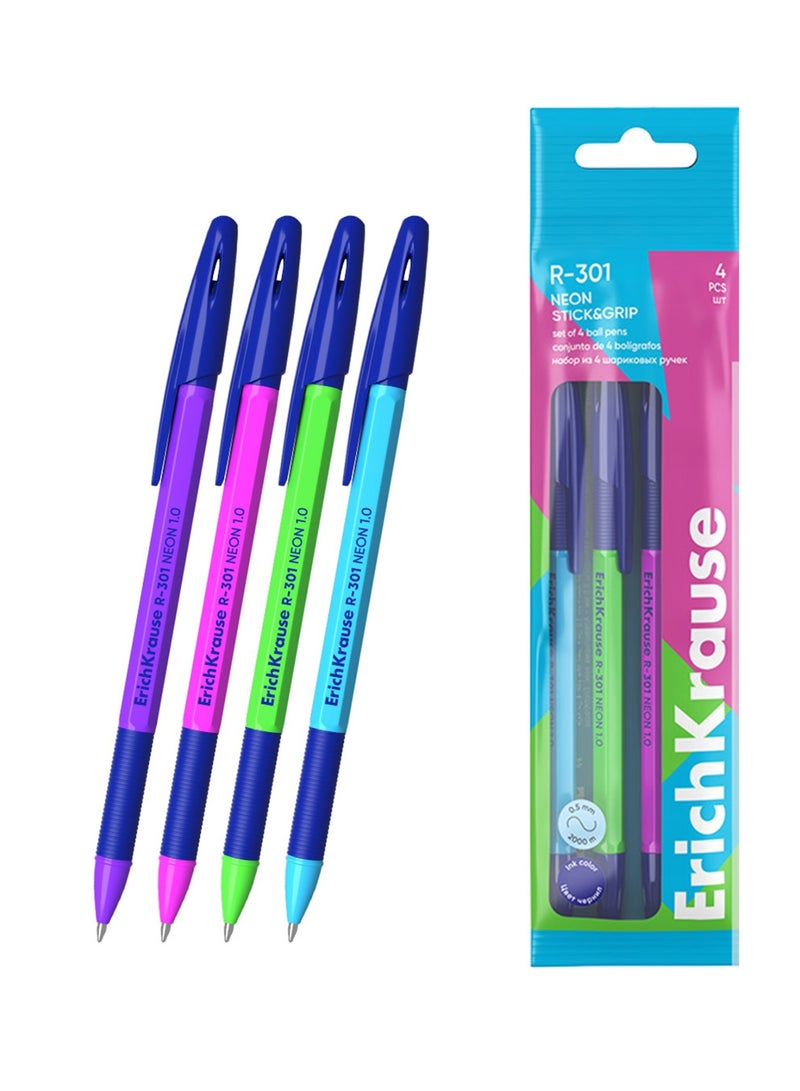 ErichKrause 4-Piece R-301 Neon Stick Ballpoint Pen 1.0mm Tip Blue Ink Neon Barrel Colours - Image 1