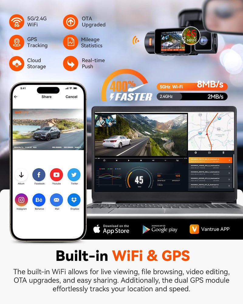 Vantrue N2X 2.7K Dash Cam Front and Inside, 5G WiFi Dual Dash Camera for Car with HDR IR Night Vision, STARVIS 2, GPS, 2.5K/60FPS, G-Sensor, 24/7 Parking Mode, Voice Control, Support 512GB Max - Image 4