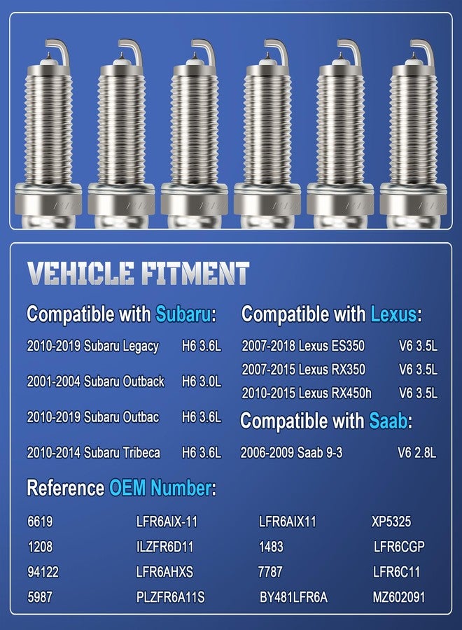 A-NAFTULY Iridium Spark Plugs 6 Pack 6619 LFR6AIX-11 Fits for 2005-2015 Toyota Tacoma Camry Avalon 4Runner FJ Cruiser Highlander RAV4 Sienna Tundra Venza 3.5L 4.0L & 2007-2015 Lexus RX350 ES350 3.5L - Image 3