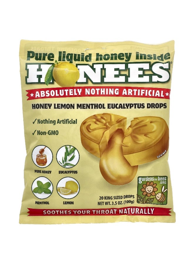Honees هونيز، حبوب السعال بنكهة العسل والليمون والمنتول والأوكاليبتوس، 20 حبة بحجم ملكي، 3.5 أونصة (100 جرام) - Image 1