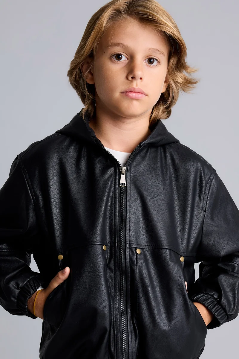 Defacto Boy Hooded Taffeta Faux Leather Jacket