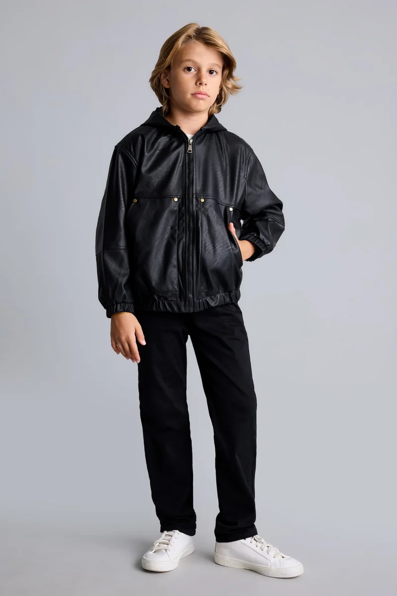 Defacto Boy Hooded Taffeta Faux Leather Jacket