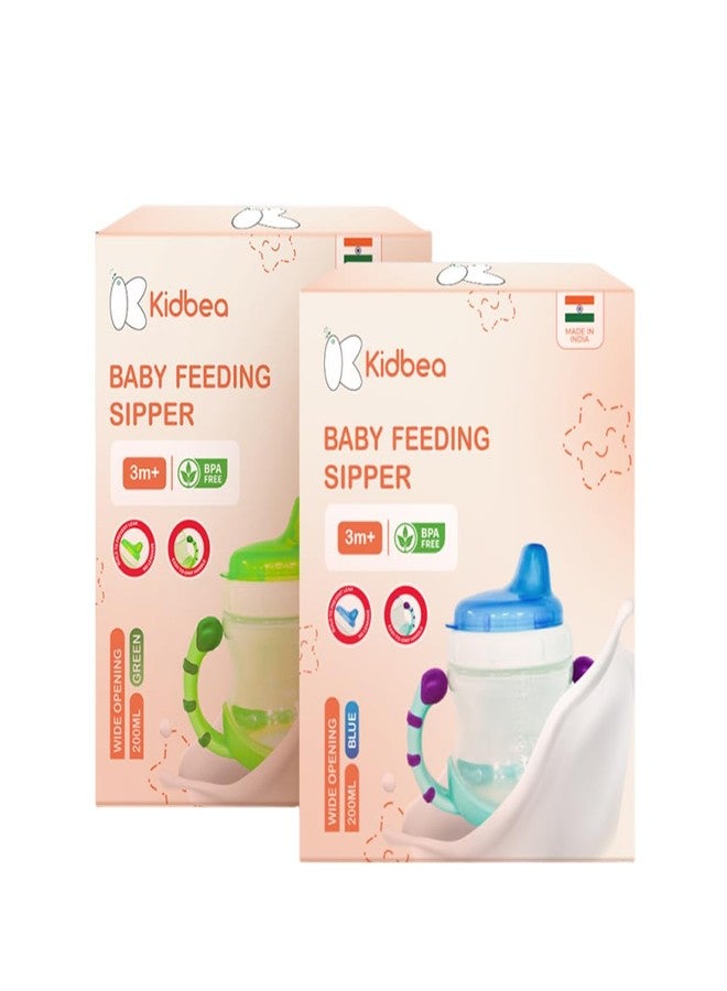Kidbea Baby Feeding Sipper Cup Bottle | 200ml Wide Neck, Soft Silicone Spout, Anti-Spill, Dual Grip Handles & BPA Free | Pack of 2 (Green & Blue) - Image 1