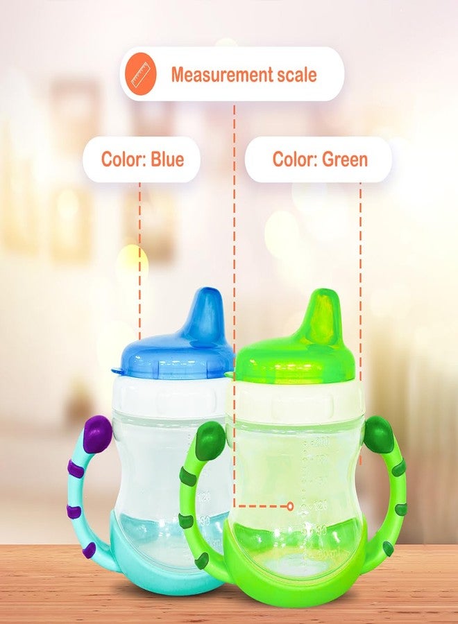 Kidbea Baby Feeding Sipper Cup Bottle | 200ml Wide Neck, Soft Silicone Spout, Anti-Spill, Dual Grip Handles & BPA Free | Pack of 2 (Green & Blue) - Image 5