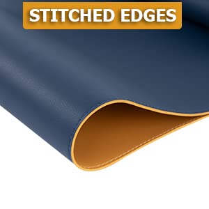 AROPANA Vegan Leather Desk Mat | Large Reversible Mouse Pad & Computer Table Protector | Dual-Side Waterproof Extended Laptop Pad with Edge-Stitched Design (60x35CM, Navy Blue and Yellow) - Image 3