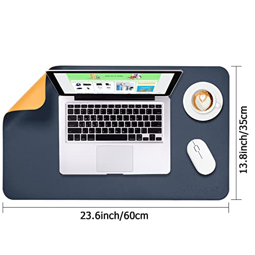 AROPANA Vegan Leather Desk Mat | Large Reversible Mouse Pad & Computer Table Protector | Dual-Side Waterproof Extended Laptop Pad with Edge-Stitched Design (60x35CM, Navy Blue and Yellow) - Image 2