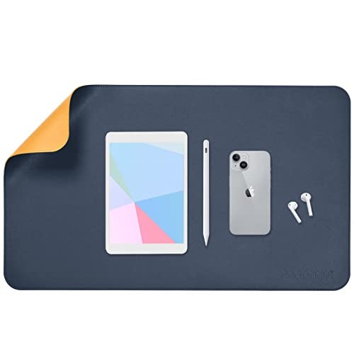 AROPANA Vegan Leather Desk Mat | Large Reversible Mouse Pad & Computer Table Protector | Dual-Side Waterproof Extended Laptop Pad with Edge-Stitched Design (60x35CM, Navy Blue and Yellow) - Image 1