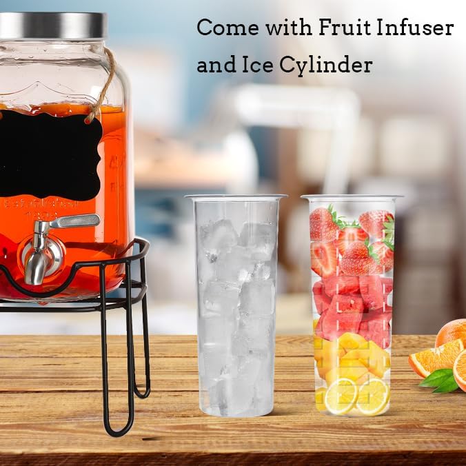 FUREEY Drink Dispenser,2PACK Glass Drink Dispensers for Parties,1 Gallon Beverage Dispenser with Stand, Stainless Steel Spigot Leak proof,Come with Ice Cylinder,Fruit Tube and 2 Rubber Mats - Image 5