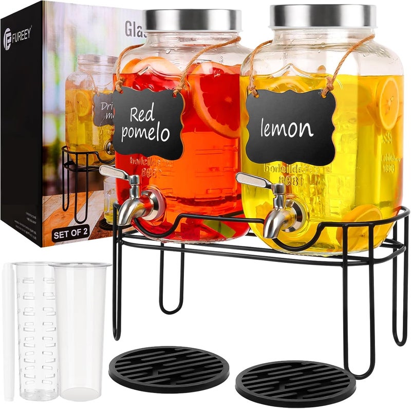 FUREEY Drink Dispenser,2PACK Glass Drink Dispensers for Parties,1 Gallon Beverage Dispenser with Stand, Stainless Steel Spigot Leak proof,Come with Ice Cylinder,Fruit Tube and 2 Rubber Mats - Image 1