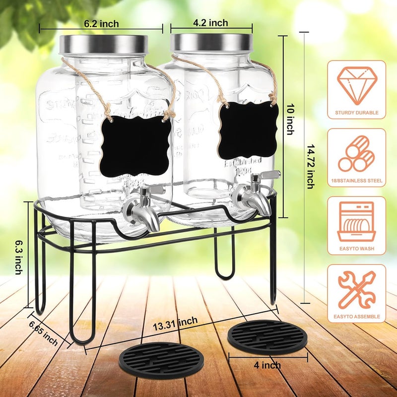 FUREEY Drink Dispenser,2PACK Glass Drink Dispensers for Parties,1 Gallon Beverage Dispenser with Stand, Stainless Steel Spigot Leak proof,Come with Ice Cylinder,Fruit Tube and 2 Rubber Mats - Image 2