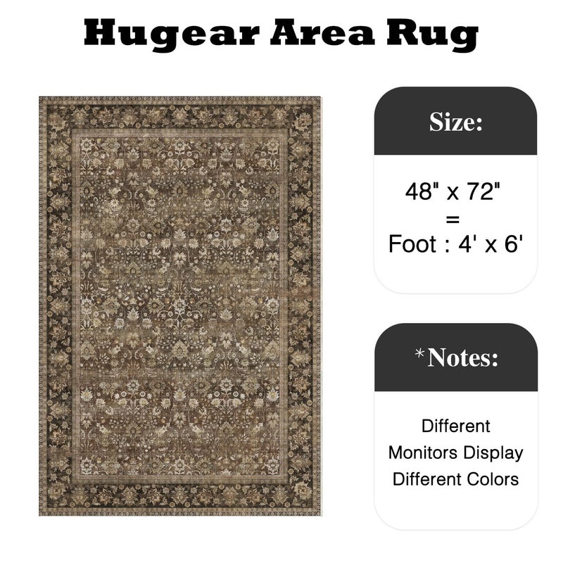 HUGEAR 4x6 Machine Washable Rugs Brown Hallway Area Rug Indoor Accent Rug Floral Low Pile Carpet Soft Throw Rug Bedroom Living Room Office Dining Room Kitchen Laundry Room Non Slip - Image 2