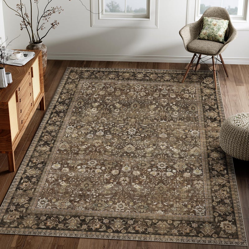 HUGEAR 4x6 Machine Washable Rugs Brown Hallway Area Rug Indoor Accent Rug Floral Low Pile Carpet Soft Throw Rug Bedroom Living Room Office Dining Room Kitchen Laundry Room Non Slip - Image 1