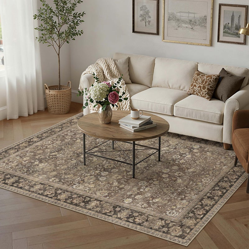 HUGEAR 4x6 Machine Washable Rugs Brown Hallway Area Rug Indoor Accent Rug Floral Low Pile Carpet Soft Throw Rug Bedroom Living Room Office Dining Room Kitchen Laundry Room Non Slip - Image 4