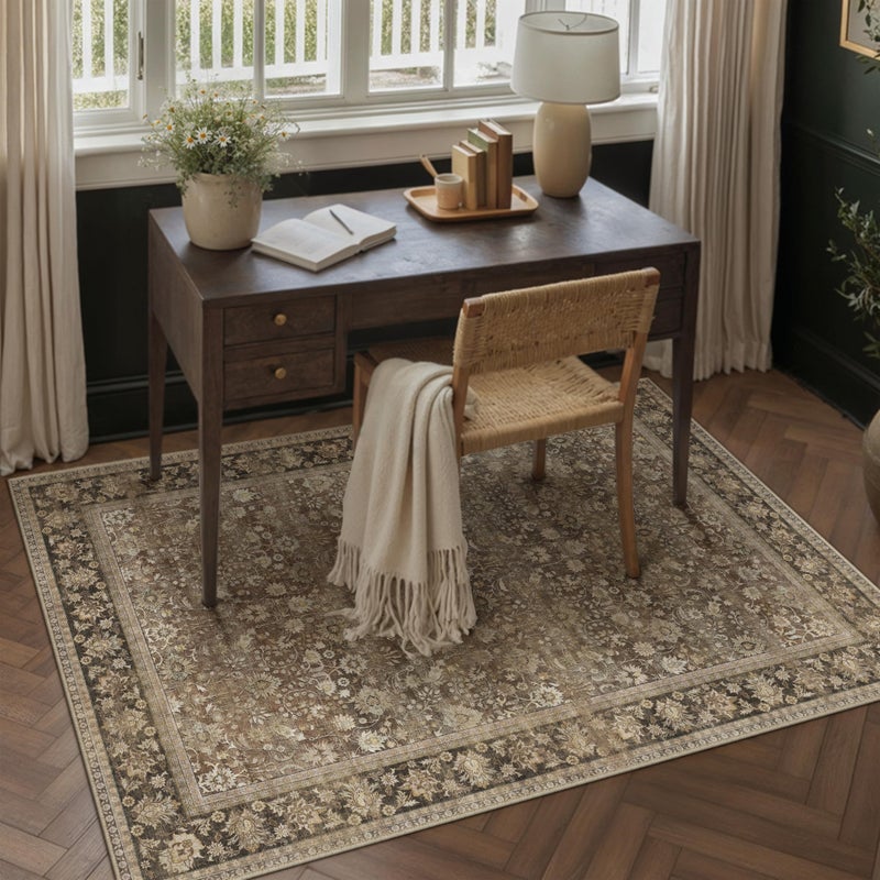 HUGEAR 4x6 Machine Washable Rugs Brown Hallway Area Rug Indoor Accent Rug Floral Low Pile Carpet Soft Throw Rug Bedroom Living Room Office Dining Room Kitchen Laundry Room Non Slip - Image 3