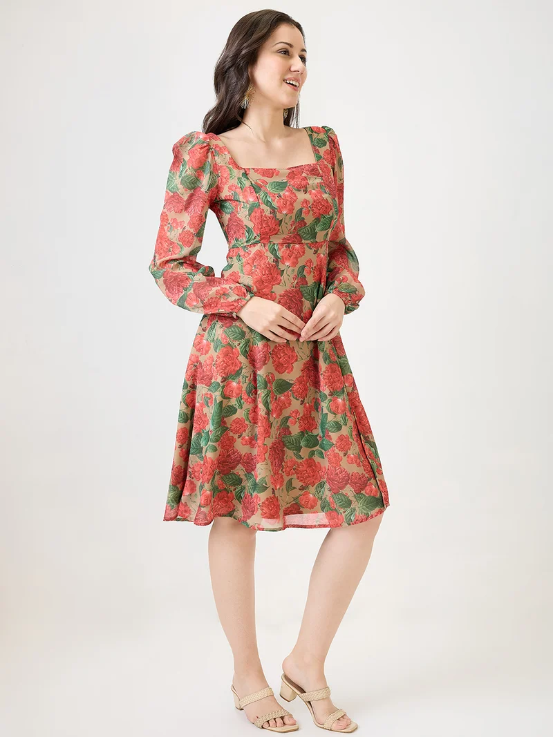 globus Women Beige Georgette Floral Printed Square Neck Bishop Sleeves Stylized Back Fit & Flare Midi Dress