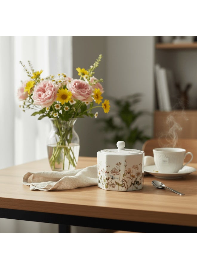 AKDC Luhpar Floral Design Ceramic Sugar Pot 10 oz, White Tabletop Storage Jar - Image 2