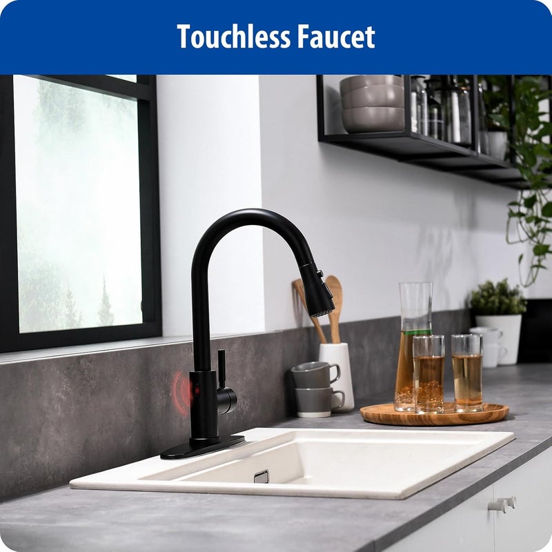 WEWE Black Kitchen Faucet, Touchless Kitchen Faucet with Pull Down Sprayer - Matte Black Single Handle Kitchen Faucets Hands-Free Activated Stainless Steel Kitchen Sink Faucet - Image 2