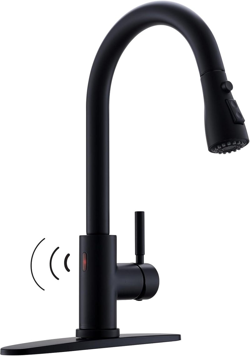 WEWE Black Kitchen Faucet, Touchless Kitchen Faucet with Pull Down Sprayer - Matte Black Single Handle Kitchen Faucets Hands-Free Activated Stainless Steel Kitchen Sink Faucet - Image 1