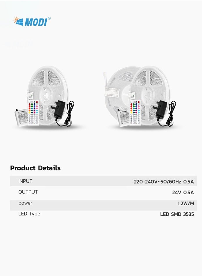 MODI - 10Meter RGB Multi Color LED Strip Light, Type-G Connectivity, Remote Control, 20+ Steady Color, Music Sync Modes, Timing Mode, Brightness Dimming, For Gaming PC Setup, TV Setup - Image 1
