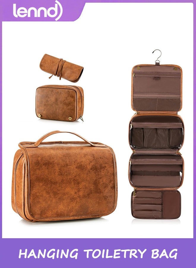 LENND Hanging Toiletry Bag for Men Travel Essentials 3-in-1 Large Waterproof Dopp Kit PU Leather Shaving Bag with Separate Compartments for Grooming and Toiletries Mens Gift - Image 1