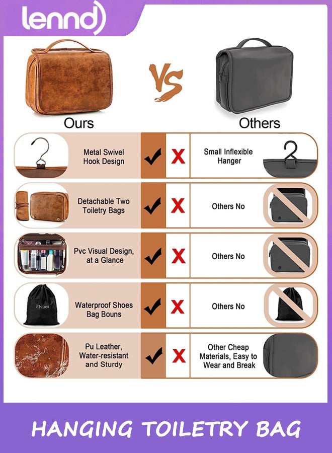 LENND Hanging Toiletry Bag for Men Travel Essentials 3-in-1 Large Waterproof Dopp Kit PU Leather Shaving Bag with Separate Compartments for Grooming and Toiletries Mens Gift - Image 5