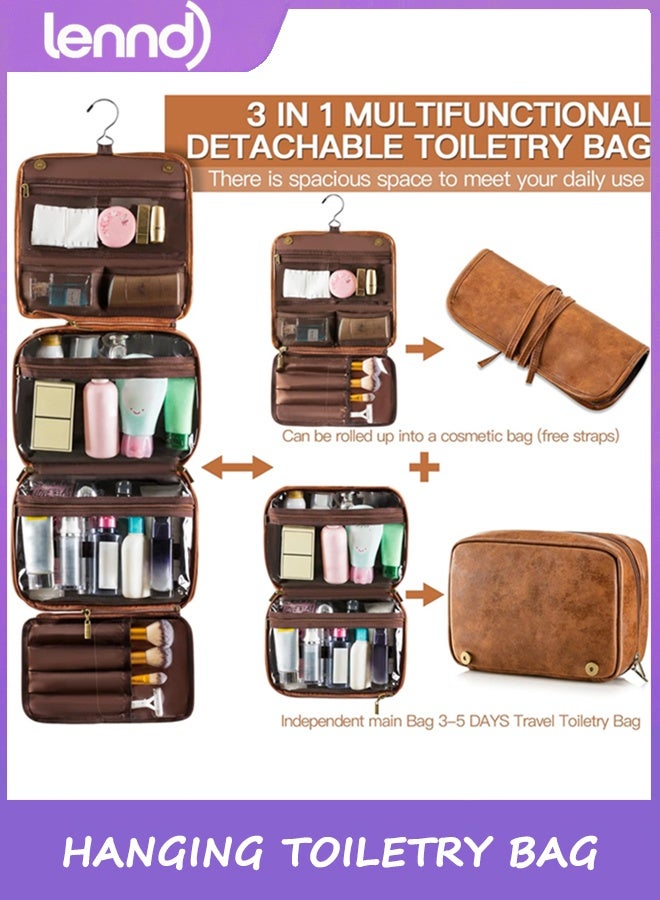 LENND Hanging Toiletry Bag for Men Travel Essentials 3-in-1 Large Waterproof Dopp Kit PU Leather Shaving Bag with Separate Compartments for Grooming and Toiletries Mens Gift - Image 2