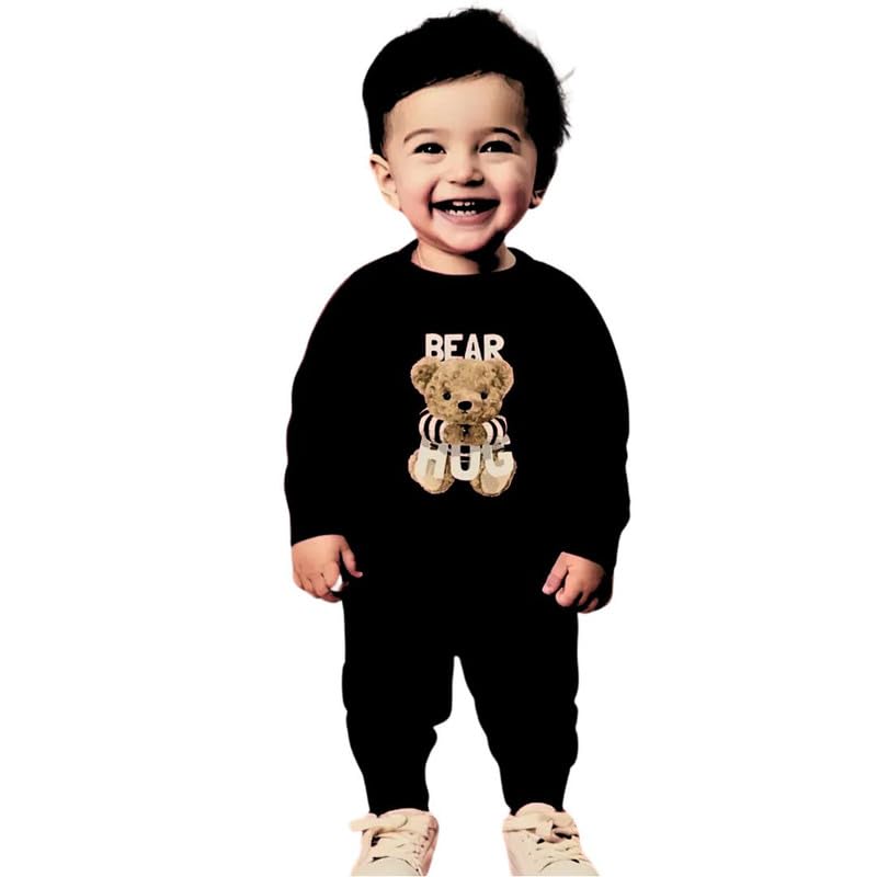 Fommy Cotton Baby Printed Clothing Set Cute Teddy Bear T-Shirt&Pant Outfit for Boys & Girls | Perfect Baby Dress, T-Shirt & Pants Combo | Stylish Baby Wear (Cozy Black Bear Hug, 18 Months-24 Months) - Image 1