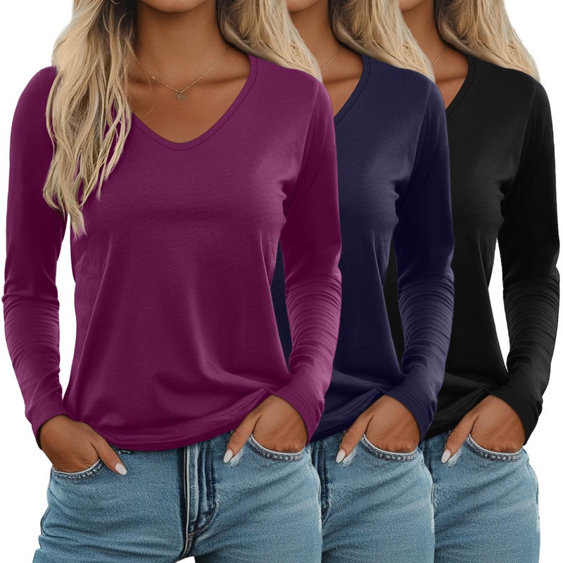 Ficerd 3 Pack Women's Long Sleeve T Shirts, V Neck Basic Tops Fall Casual Trendy Tees Loose Fit Soft Clothes Outfits(Black, Navy Blue, Fuchsia,Large) - Image 1