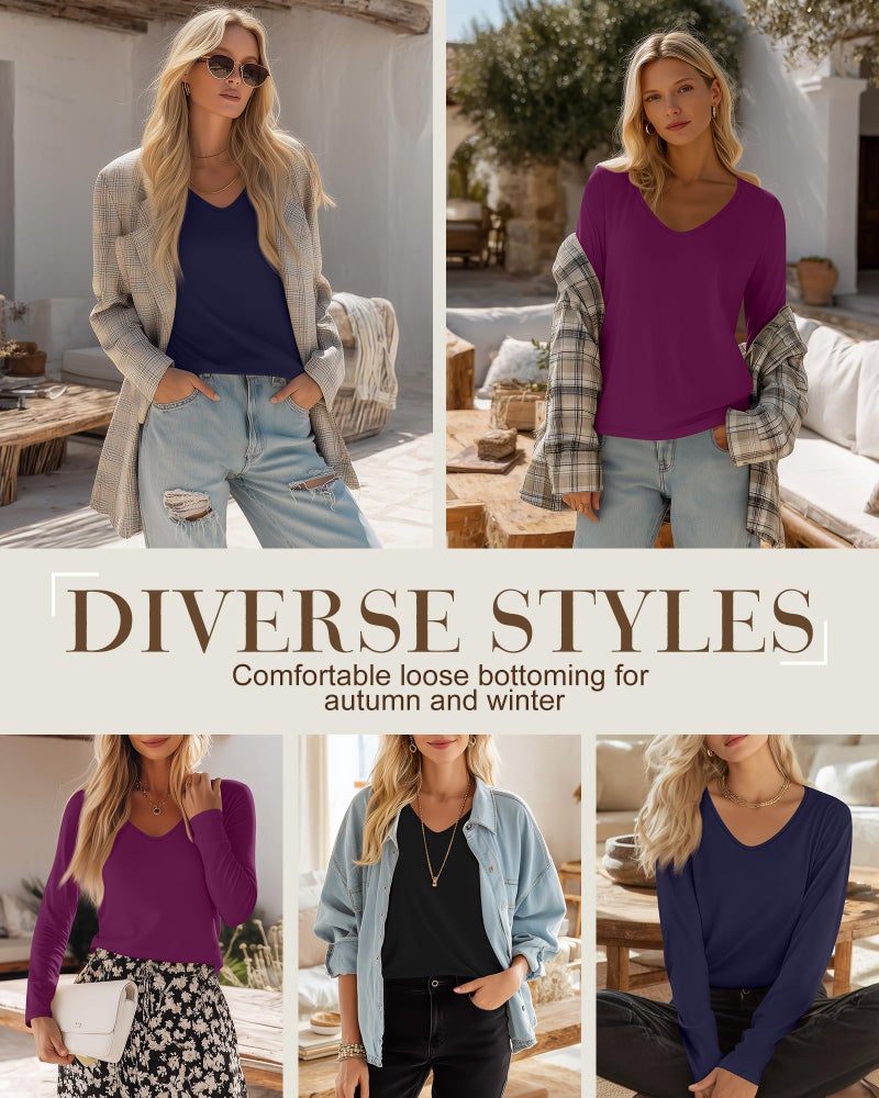Ficerd 3 Pack Women's Long Sleeve T Shirts, V Neck Basic Tops Fall Casual Trendy Tees Loose Fit Soft Clothes Outfits(Black, Navy Blue, Fuchsia,Large) - Image 3