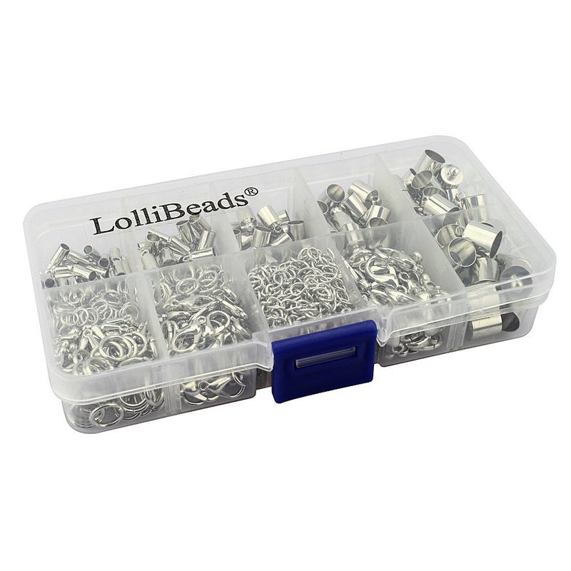 LolliBeads TM Silver Plated Barrel Leather Cord Ends Lobster Clasp and Extension Chains Kits Assorted Pack 60 sets