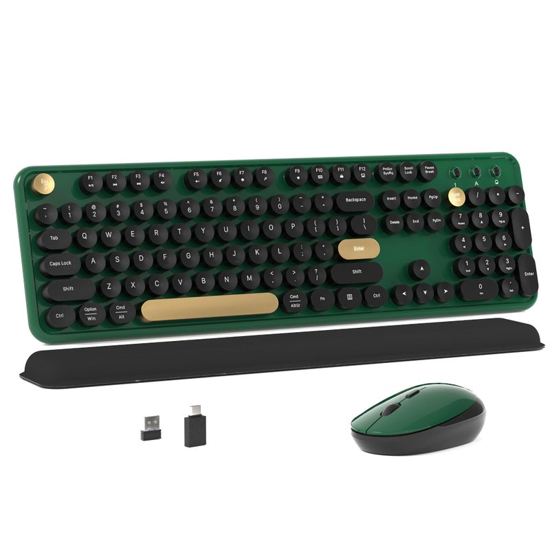 MPTOG Colorful Wireless Computer Keyboard and Mouse Combo with Round Typewriter Keycaps, Retro Design, Power Switch, Ergonomic Design, 2.4GHz Wireless for Windows, Mac, PC(Dark Green) - Image 1