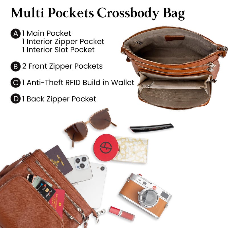 befen Soft Real Leather Crossbody Bags for Women Cross Body Purses Leather Shoulder Travel Purse with Built in RFID Wallet Cognac Brown - Image 4