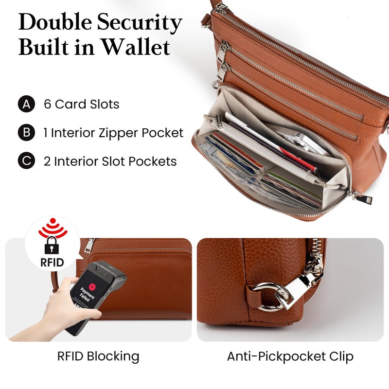 befen Soft Real Leather Crossbody Bags for Women Cross Body Purses Leather Shoulder Travel Purse with Built in RFID Wallet Cognac Brown - Image 3