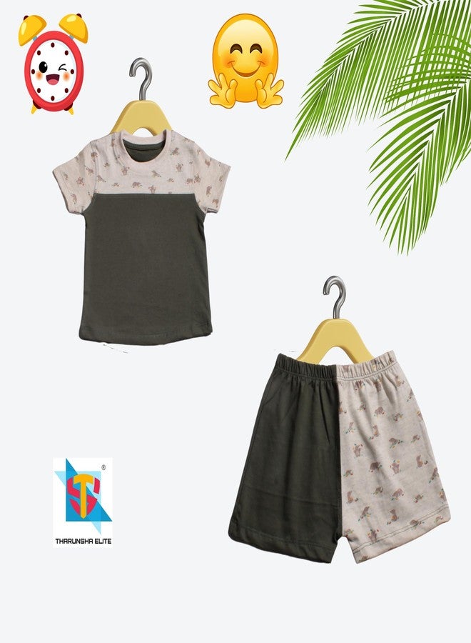 THARUNSHA ELITE Pure Cotton Baby Boys & Girls Dress T-shirts & Shorts Pant (1-2 Years) Set 1 (1, Dark Green, 1-2 Years) - Image 2