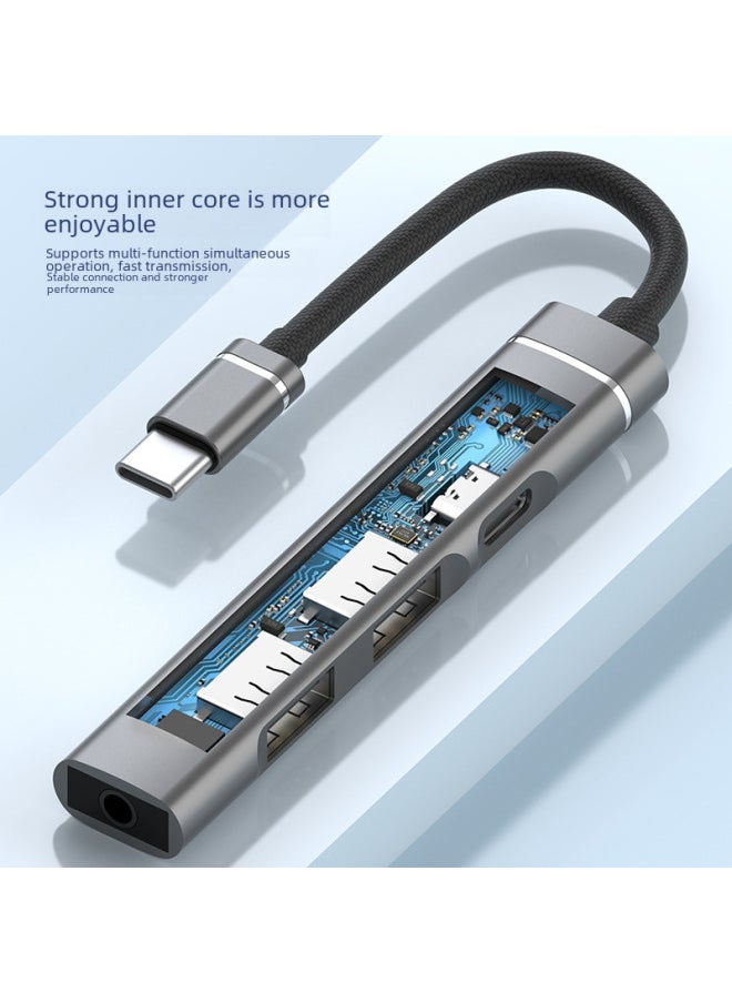 Type-c To 3.5mm Headset + USBHUB Four-port Splitter Type-c Docking Station Connecting U Disk Hard Disk Mouse-Number Of Interfaces:type-c To TC Charging + Dual USB +3.5 Silver Bags  - Image 5