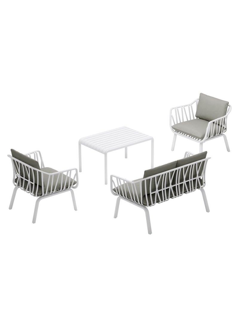 Marcolo - 4-Piece Outdoor Sofa Set for Garden, Patio, Balcony & Villa – Heat & UV Resistant, Durable Fiberglass Plastic Seating, Modern White Steel Frame, Grey Cushions – 2 Chairs, Loveseat & Coffee Table - Image 1