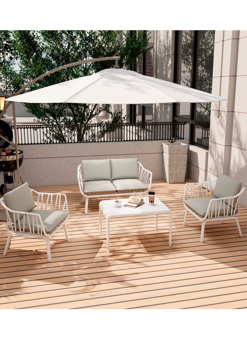 Marcolo - 4-Piece Outdoor Sofa Set for Garden, Patio, Balcony & Villa – Heat & UV Resistant, Durable Fiberglass Plastic Seating, Modern White Steel Frame, Grey Cushions – 2 Chairs, Loveseat & Coffee Table - Image 1