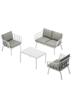 Marcolo 4-Piece Outdoor Sofa Set for Garden, Patio, Balcony & Villa – Heat & UV Resistant, Durable Fiberglass Plastic Seating, Modern White Steel Frame, Grey Cushions – 2 Chairs, Loveseat & Coffee Table  - Image 3